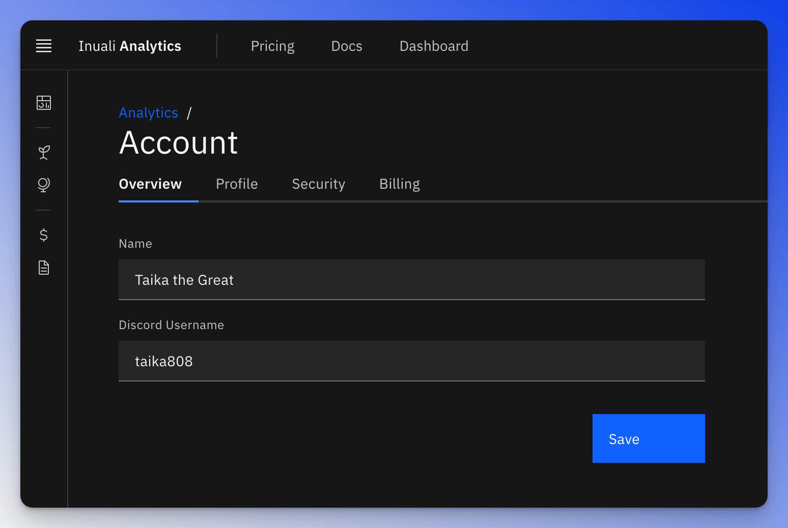 Inuali account management page for adding Discord username.